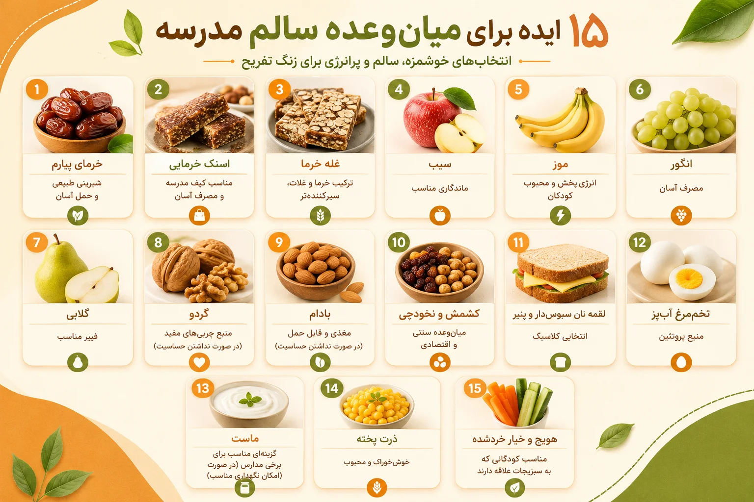 ۱۵ ایده برای میانوعده سالم مدرسه شامل خرما، اسنک خرمایی، غله خرما، میوه، مغزها، لقمه خانگی و سایر خوراکیهای مناسب دانشآموزان