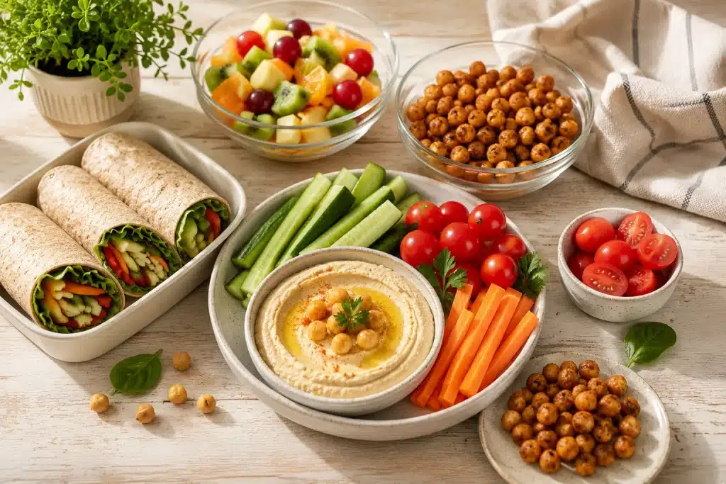 میان وعده سالم برای مدرسه شامل سبزیجات تازه، نخود برشته، سالاد میوه و رول سبزیجات