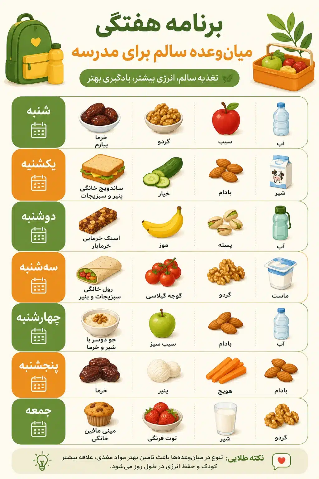 برنامه هفتگی میان وعده سالم برای مدرسه و دانشآموزان